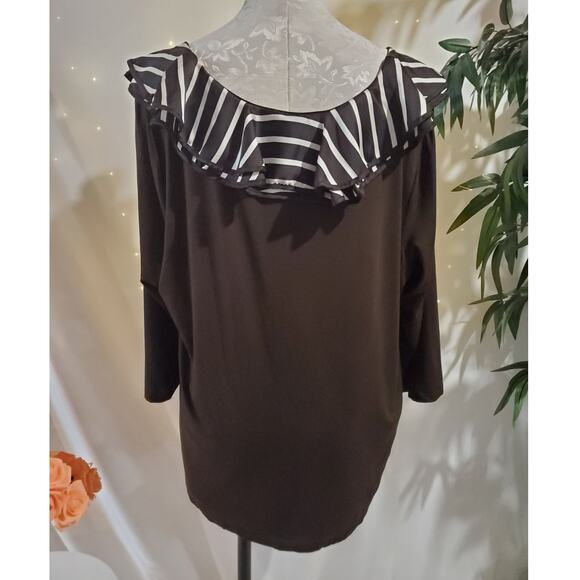 Lauren Ralph Lauren Stripe Satin Ruffle Neck 3/4 Sleeve Blouse Plus 2X Brown Top - Picture 3 of 9